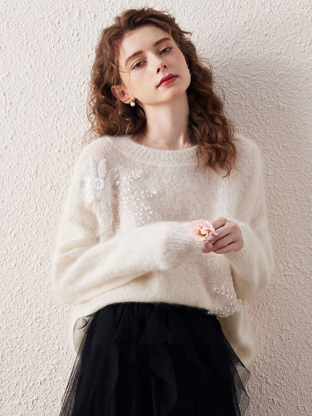 Women's Mohair Embroidered Floral Sweater S